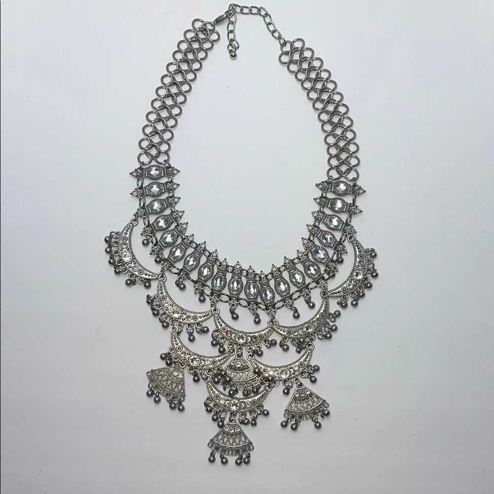 Silver Tone Statement Necklace with rhinestones and dangling beads - Picture 4 of 11